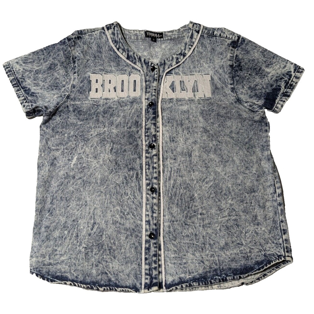 THRILL‎ JEANS Women 2x BROOKLYN 01 Embroidered ACID WASH Blue Denim Jersey